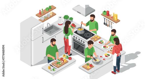 Isometric kitchen scene with chefs cooking together in modern culinary space