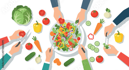 Flat style hands preparing fresh salad with colorful vegetables