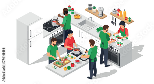 Isometric group cooking in modern kitchen with diverse team preparing meals