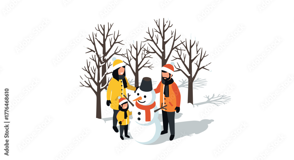 Naklejka premium Family enjoying snowy day building snowman in winter forest