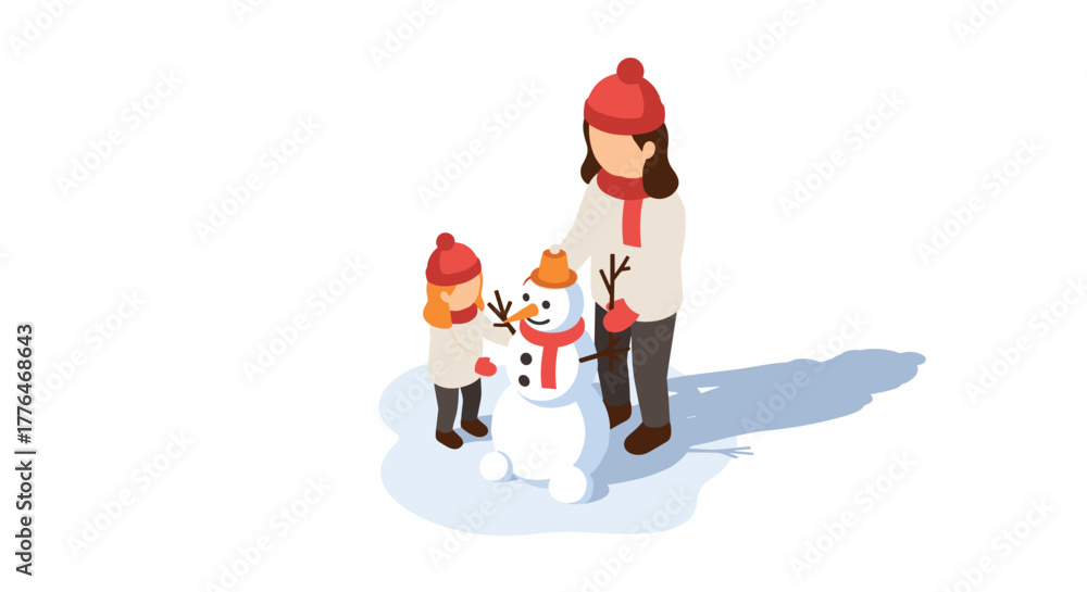 Obraz premium Mother and child building snowman isometric winter scene