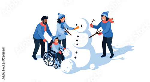 Family enjoying snow day building snowman together in winter scene