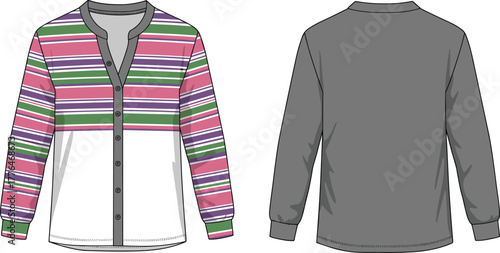 Colorful striped button-up shirt, front and back view, fashion sketch, long sleeve design, garment illustration, apparel mockup, textile concept