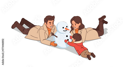 Happy family building a snowman together in winter fun scene