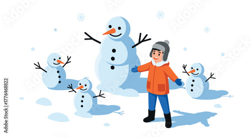 Winter fun with snowman family and playful child in a snowy landscape