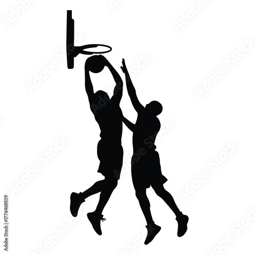 Dynamic Basketball Players Silhouettes in Action During a Slam Dunk Play
