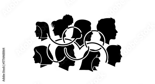 Diverse group of people connected by abstract intertwined lines symbolizing unity and community