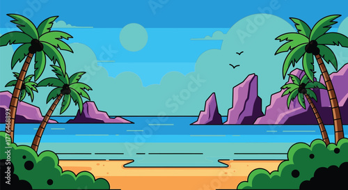 Cartoon beach scene with palm trees and ocean vector illustration editable vector