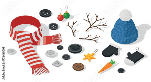Winter crafts with festive elements scarf, mittens, and holiday decorations in isometric style