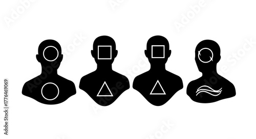 Diverse individuals represented by abstract geometric shapes, symbolizing unique identities and roles within a group.