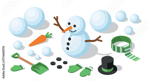 Build your own snowman kit with winter accessories in isometric style