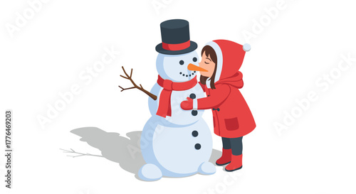Winter joy child embracing a snowman in red cape and hat