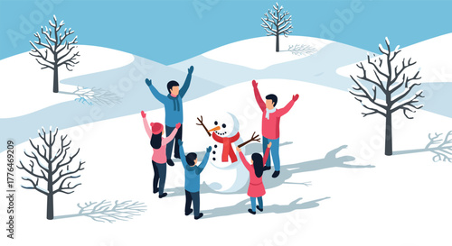 Family enjoying winter fun with snowman and snowy landscape