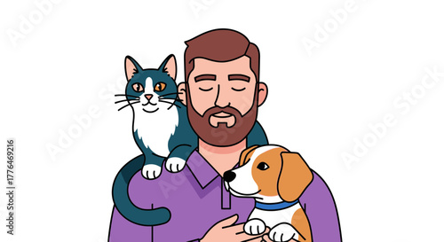 Warm embrace of a man with his beloved cat and dog, showcasing pet companionship.