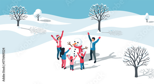 Family fun in a winter wonderland with snowman in scenic landscape