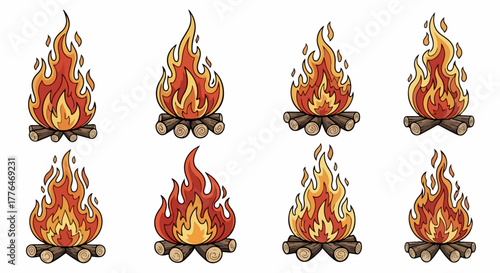 Campfire flames and logs set with transparent background