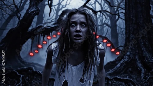 Terrified woman running in a dark haunted forest. A scary girl screaming in fear as glowing red monster eyes appear in the spooky woods. Horror nightmare animation