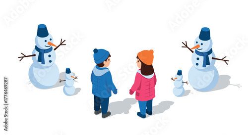 Children enjoying winter fun with snowmen in isometric design