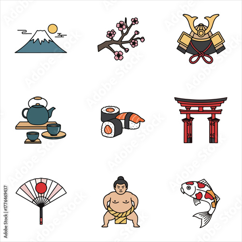 A collection of nine vector icons representing Japanese culture, including Mount Fuji, cherry blossoms, samurai helmet, tea set, sushi, torii gate, fan, sumo...