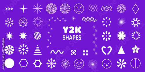 Collection of y2k aesthetic graphic design elements and shapes on a vibrant purple background