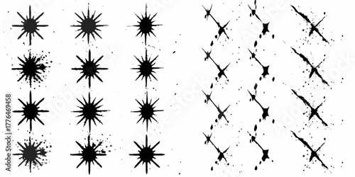 Collection of black ink splatter starbursts and diagonal slash marks on a white background