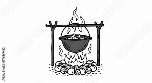 Campfire cooking pot over flames outdoors