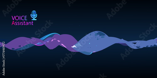 Abstract sound wave visualization with voice assistant logo and microphone icon on dark background