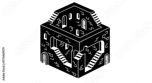 Impossible geometric cube structure with endless staircases and optical illusion.