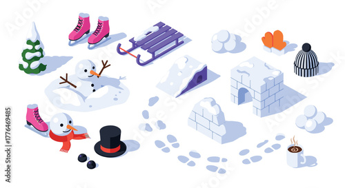 Isometric winter activities with snowmen, sled, and skates