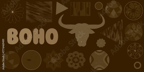 Boho style graphic design with bull silhouette and abstract geometric shapes in earthy tones