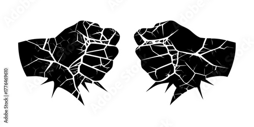 Two abstract cracked or shattered shapes with white lines on a black background