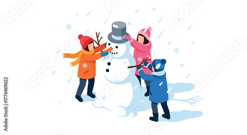 Children building snowman in winter scene with falling snowflakes