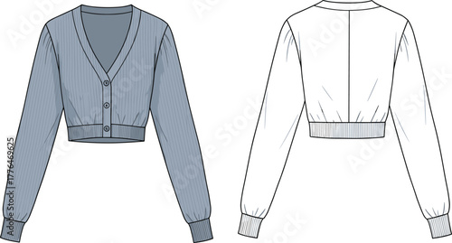 Cropped cardigan sweater, fashion sketch, technical illustration, front and back view, ribbed cuffs, V-neck, garment design, apparel template