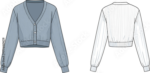 Cropped cardigan sweater, fashion sketch, technical illustration, ribbed knitwear, front and back view, garment design, long sleeve, V-neck, buttons
