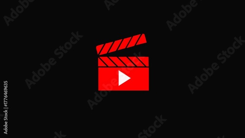 Minimal black clapperboard animation with play button on  Modern film production symbol representing video creation, media content, filmmaking, or movie editing concept. Perfect for intro, logo reveal