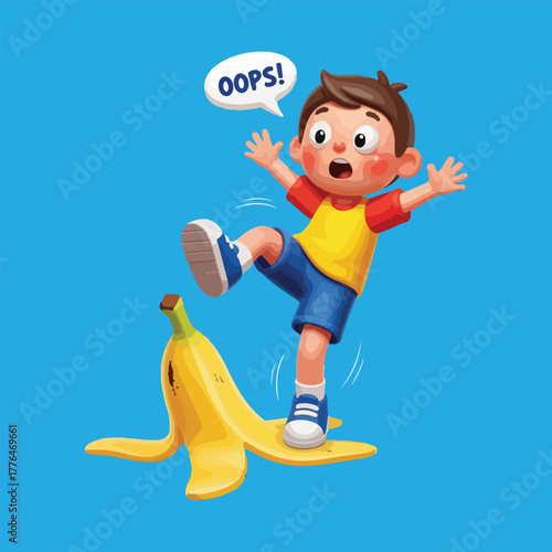 A cartoon boy slips on a banana peel, exclaiming "Oops!" with arms outstretched.