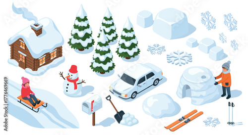 Winter wonderland activities and elements with snowy landscape in isometric style