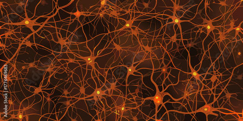 Abstract illustration of interconnected neurons with glowing yellow cell bodies and orange dendrites against a dark background