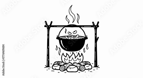 Cooking pot over campfire with smoke