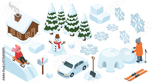 Winter activities and elements in isometric style snow, trees, cabin, snowman