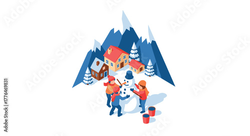 Isometric winter fun building a snowman in a mountain village scene