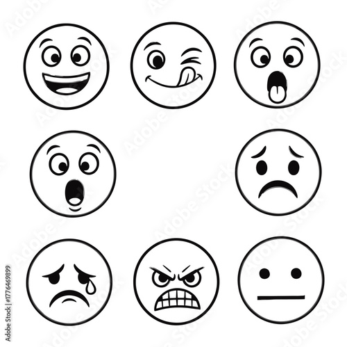 A collection of nine black and white outline emoji faces depicting various human emotions like happiness, sadness, anger, surprise, and neutrality.