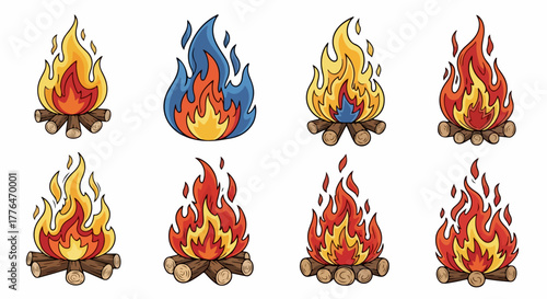 Campfire flames on woodpile collection