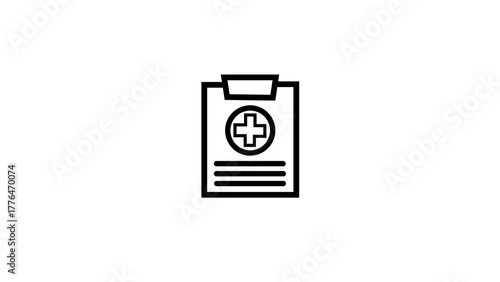 Minimal line style medical clipboard with a cross symbol and text lines on a representing health report, patient record, hospital document, diagnosis, prescription, healthcare management and medical i