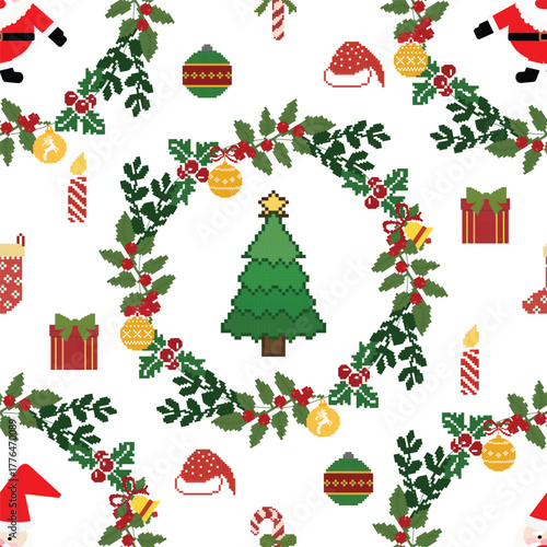 Christmas Theme with Wreath, Tree, Santa Claus, Bells, Hats, Gifts, Socks, Candy Cane, and Ornaments on White Background — Festive Vector Design for Fabric and Gift Wrapping Paper