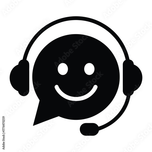 Happy face chat bubble with headphones icon for customer support