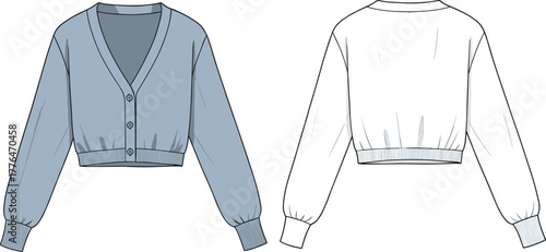 Cropped cardigan sweater, technical fashion sketch, front and back view, knitwear design, V-neck button closure, ribbed cuffs, apparel template