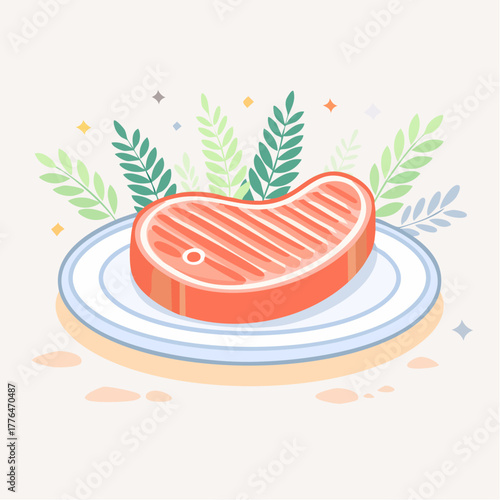 Pixel Art Grilled Steak on a Plate Surrounded by Stylized Green Leaves and Sparkles in a Soft Pastel Background