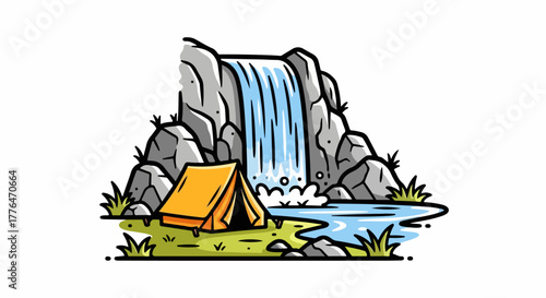 Camping near waterfall in mountains outdoor scene