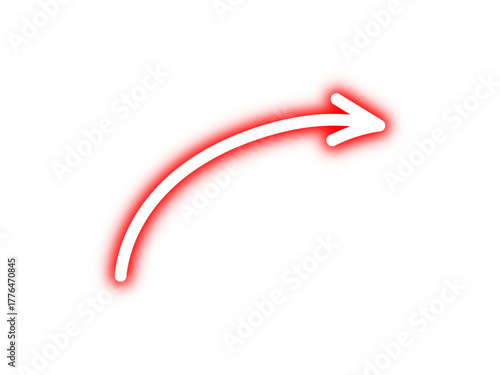 Hand drawn red neon glowing curved line arrow sign indicates right side direction. Shining curve line arrow with red neon glow effect. Futuristic arrow mark with neon light. Vector illustration.